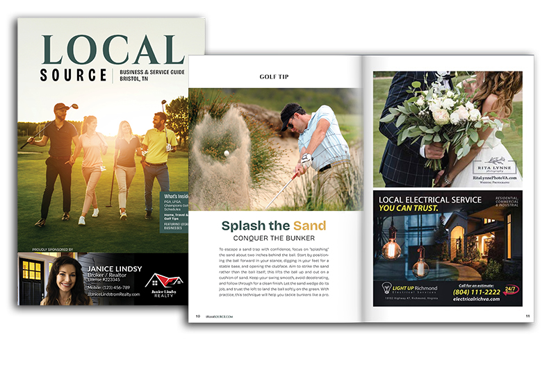 Local Source guide cover beside an open spread with a golf tip article and local business ads