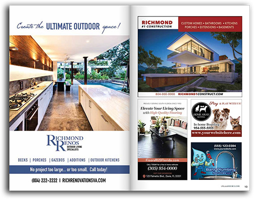 Sample guide spread showing a full-page ad, half-page ad and quarter-page ads